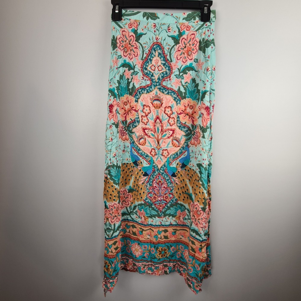 FP TO LOVE Womens Small Mint Green Floral Peacock Paisley Slit Maxi Skirt Boho